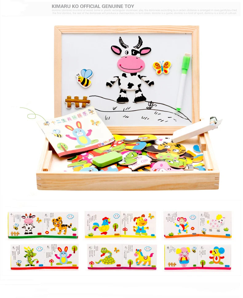Wooden Magnetic Drawing Board & Animal Puzzle Learning Toy