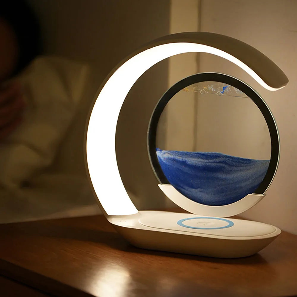 Quicksand Table Lamp with USB Wireless Charging - 3D Hourglass Design Sand Painting Night Light for Office Decor