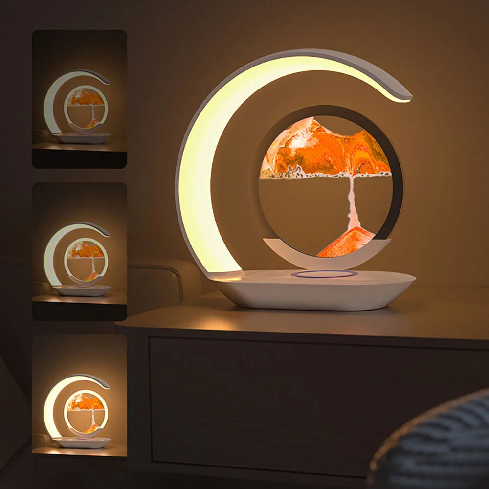 Quicksand Table Lamp with USB Wireless Charging - 3D Hourglass Design Sand Painting Night Light for Office Decor