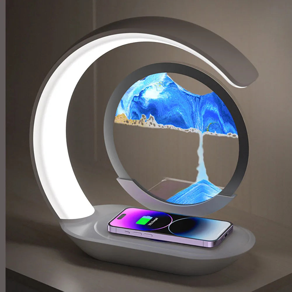 Quicksand Table Lamp with USB Wireless Charging - 3D Hourglass Design Sand Painting Night Light for Office Decor