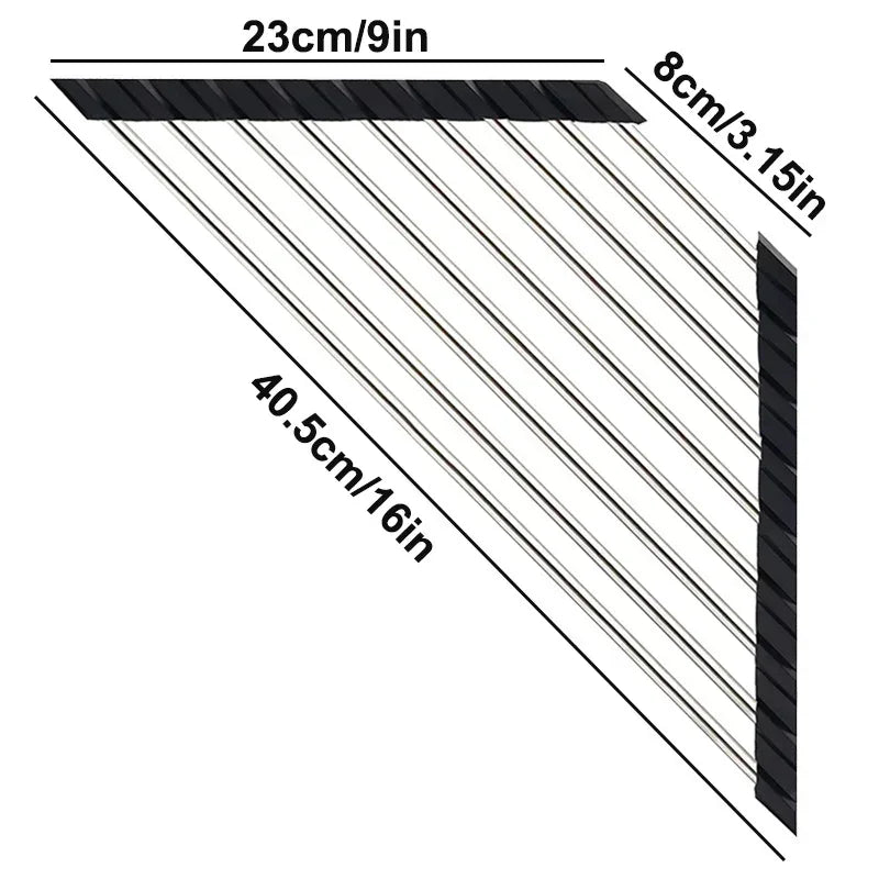 Roll up Triangle Dish Drying Rack Kitchen Sink Organizer Corner over the Sink Sponge Rag Holder Foldable Stainless Steel Drainer
