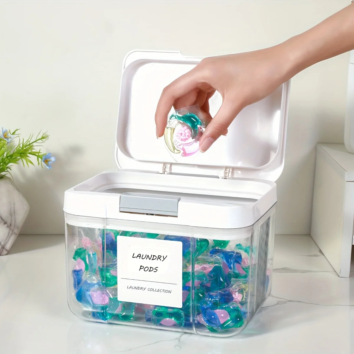 Laundry Pod Holder with Lid Laundry Pod Container,Sealed and Automatic Pop-Up, Large Capacity Holds Laundry Pods Organizer Box