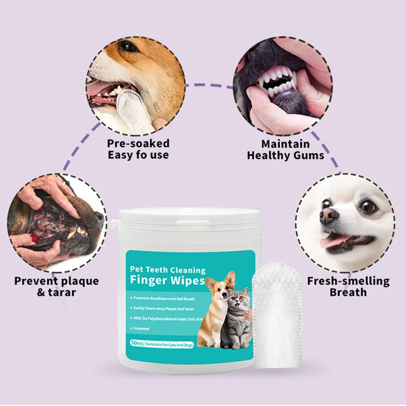 Pet Disposable Cleaning Wipes Dog Teeth Cleaning Finger Wipes Cat Ear and Eye Beauty Wipes Cat Hygiene and Beauty Products 50Pcs