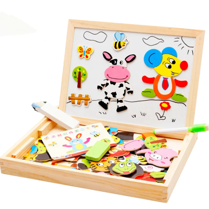 Wooden Magnetic Drawing Board & Animal Puzzle Learning Toy