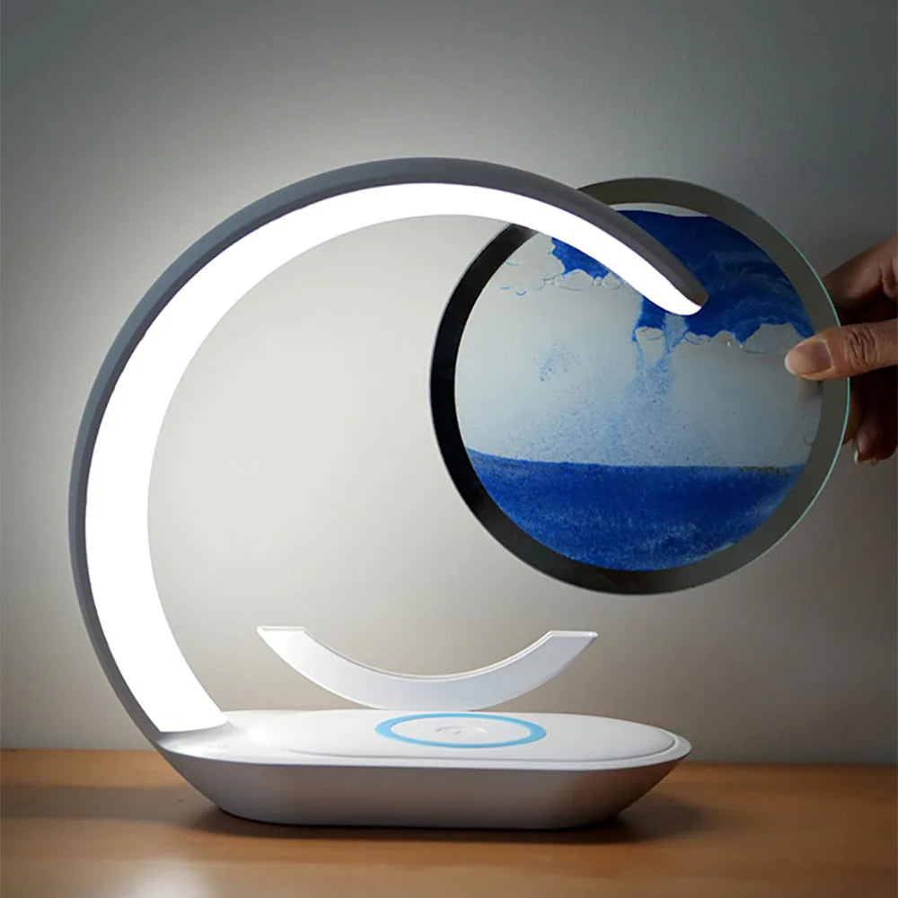 Quicksand Table Lamp with USB Wireless Charging - 3D Hourglass Design Sand Painting Night Light for Office Decor