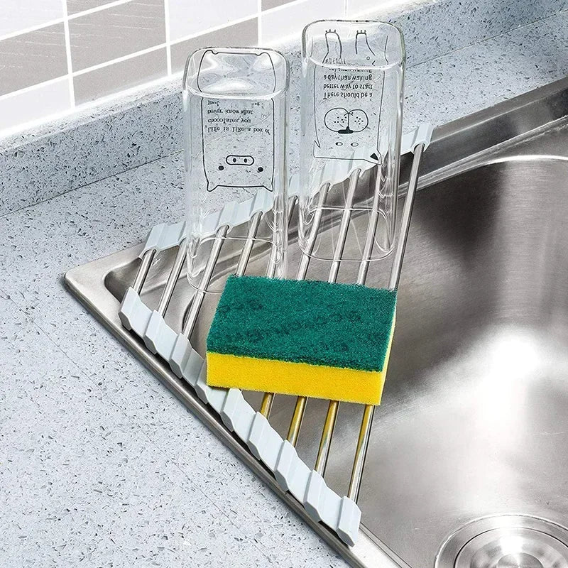 Roll up Triangle Dish Drying Rack Kitchen Sink Organizer Corner over the Sink Sponge Rag Holder Foldable Stainless Steel Drainer