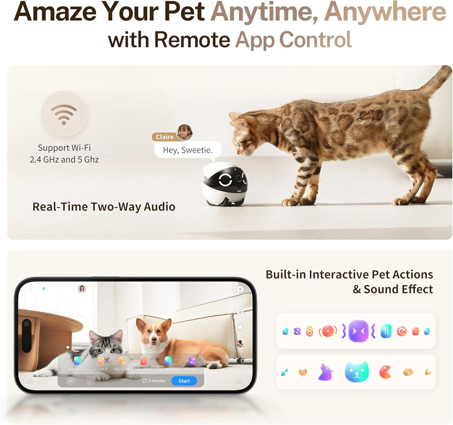 2K pet camera robot with night vision and two-way audio