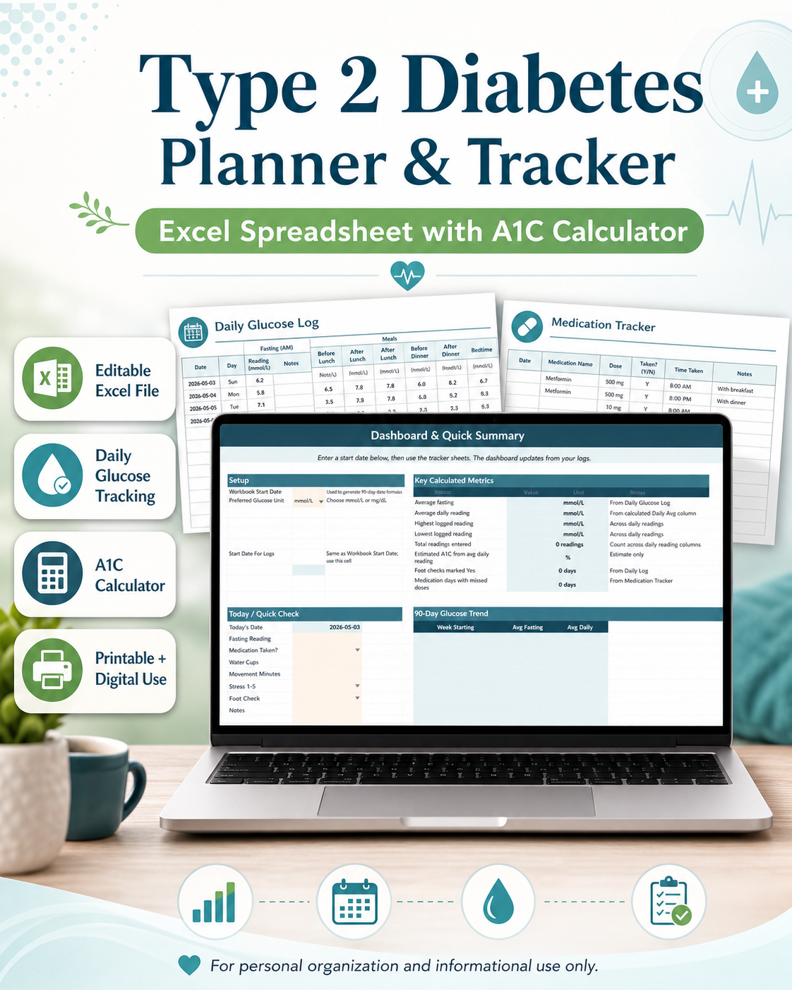 Type 2 Diabetes Planner & Tracker Excel Spreadsheet with A1C Calculator