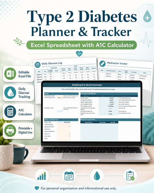 Type 2 Diabetes Planner & Tracker Excel Spreadsheet with A1C Calculator
