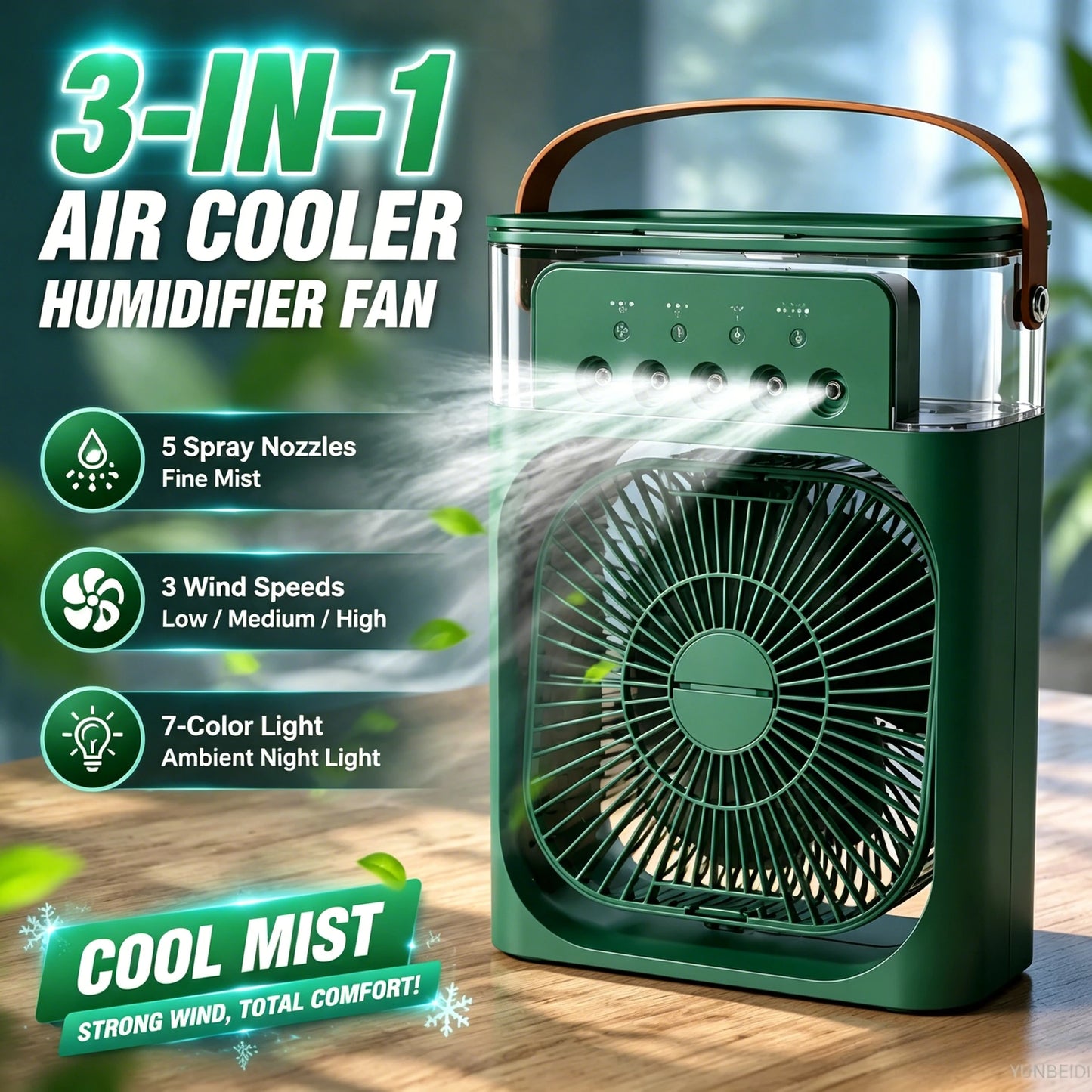 Portable 3-in-1 Cooling Mist Fan with LED Night Light