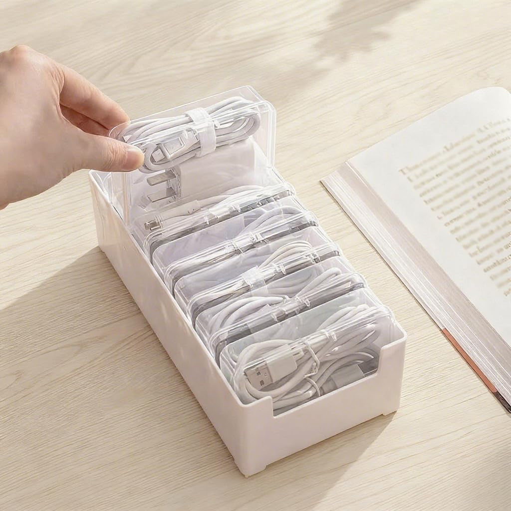 Cable Organizer Storage Box with 7 Wire Ties and Label Stickers,Desktop Cable Management Box with Switch, Power Cord Organizer for Office,Home,Desk Accessories Storage Stationery Supplies（Clear）
