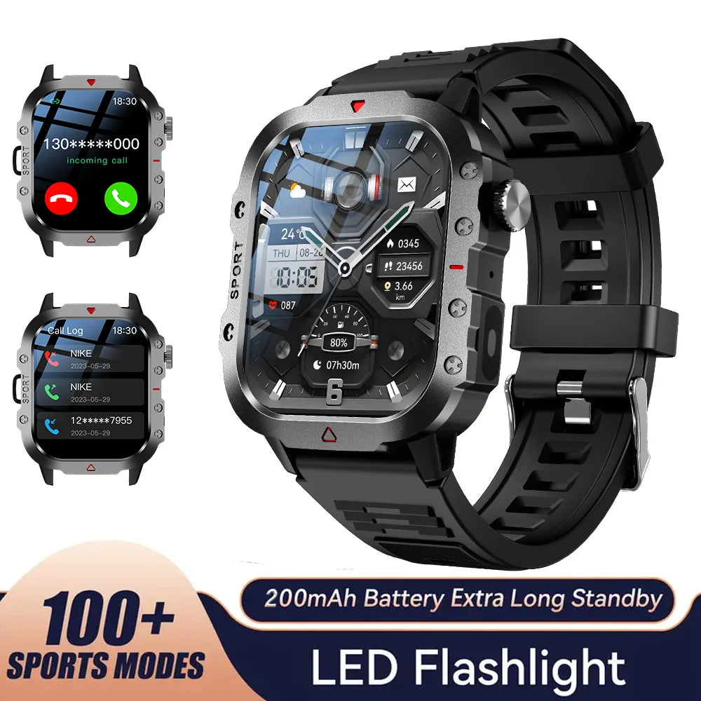 Sports Smart Watch Men'S Outdoor Sports Fitness Tracker Health Monitor LED Flashlight 2.01” Bluetooth Talk Smart Watch