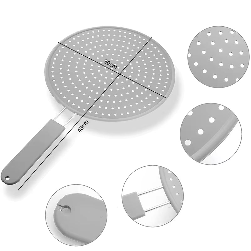 Silicone Kitchen Splatter Screen with Handle Heat-Resisting Oil Splash Guard Drain Board Cover Kitchen Frying Pan Lid