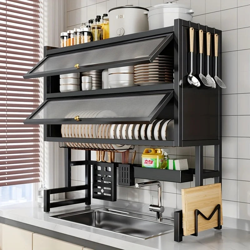 Over-the-Sink Dish Drying Rack with Dustproof Cabinet Doors