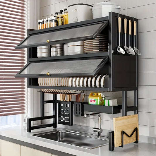 Over-the-Sink Dish Drying Rack with Dustproof Cabinet Doors