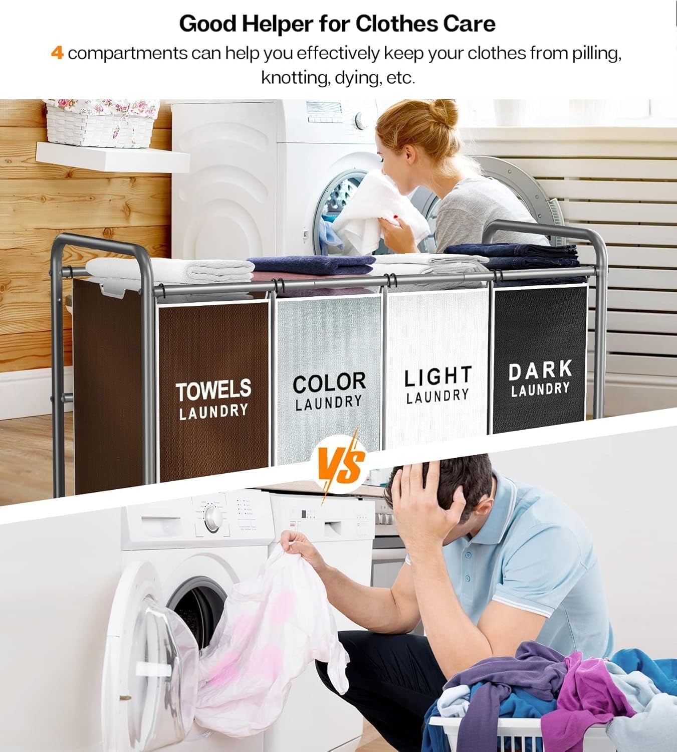 Laundry Hamper Sorter Cart: 4-Section Organizer with Heavy-Duty Lockable Wheels and Removable Bags | 180L Rolling Laundry Basket for Dirty Clothes in Laundry Room or Small Spaces (Multicolor)