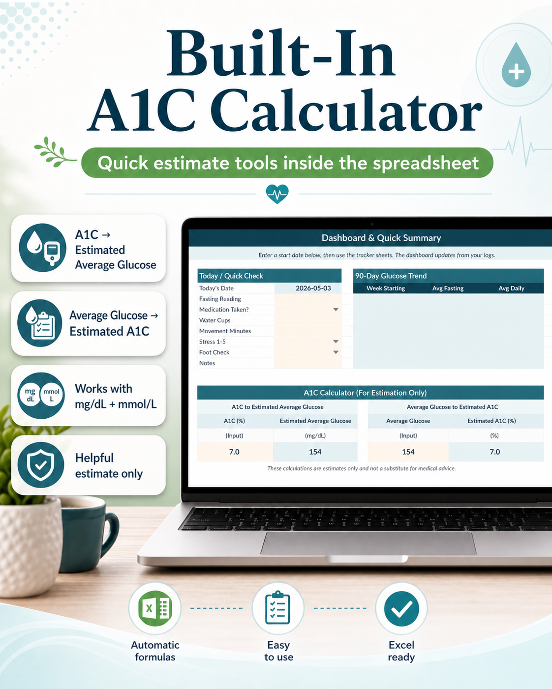 Type 2 Diabetes Planner & Tracker Excel Spreadsheet with A1C Calculator