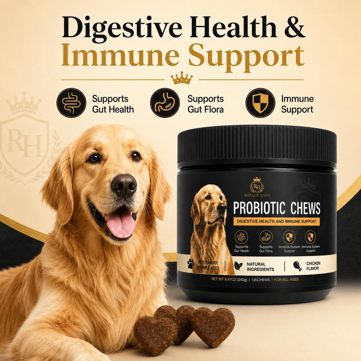 Probiotics for Dogs – Digestive Health & Gut Support – Supports Healthy Digestion, Immune System, Gas & Bloating Relief – Soft Chews for Small, Medium & Large Dogs – 120 Chews