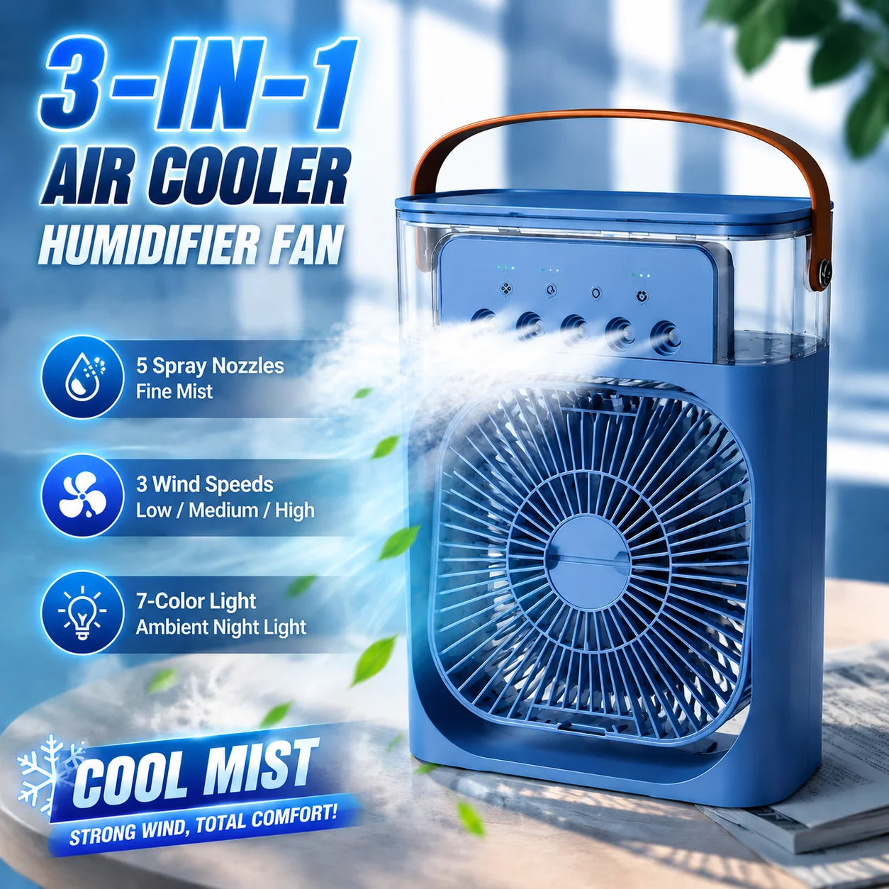 Portable 3-in-1 Cooling Mist Fan with LED Night Light