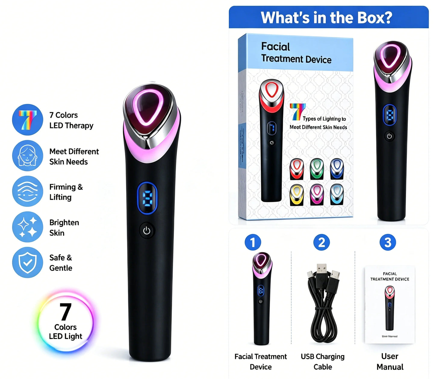 7-Color LED Facial Massager Beauty Device – Pink Gift Box