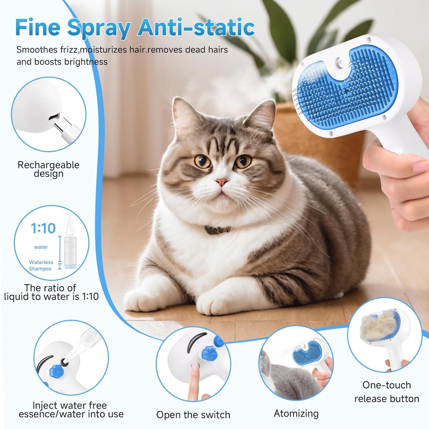 Pet Steam Brush for Dogs & Cats – Mist Grooming Deshedding Comb