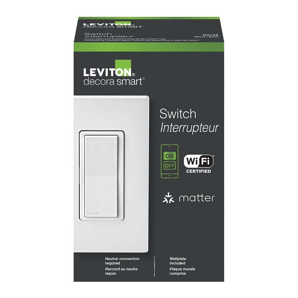 Decora Smart Switch, Wi-Fi, Works with Matter, Alexa, Google Assistant, Apple Home/Siri & Wired or Wirefree 3-Way, Neutral Wire Required, D315S-1RW, White