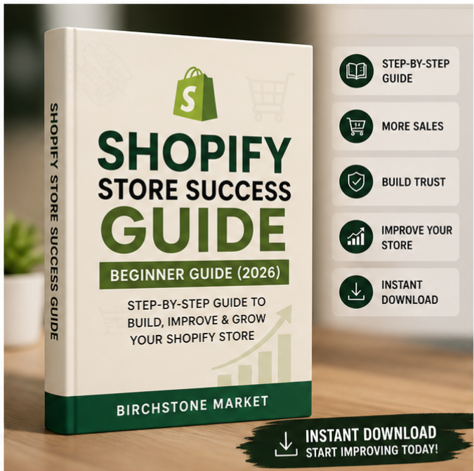 Shopify Store Success Guide ebook mockup by Birchstone Market showing a beginner-friendly 2026 guide for building, improving, and growing a Shopify store.