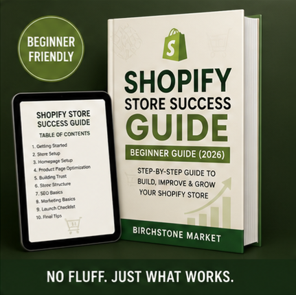 Shopify Store Success Guide ebook mockup by Birchstone Market showing a beginner-friendly 2026 guide for building, improving, and growing a Shopify store.