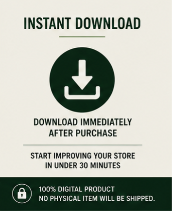 Instant digital download graphic for the Shopify Store Success Guide showing immediate access after purchase with no physical item shipped.
