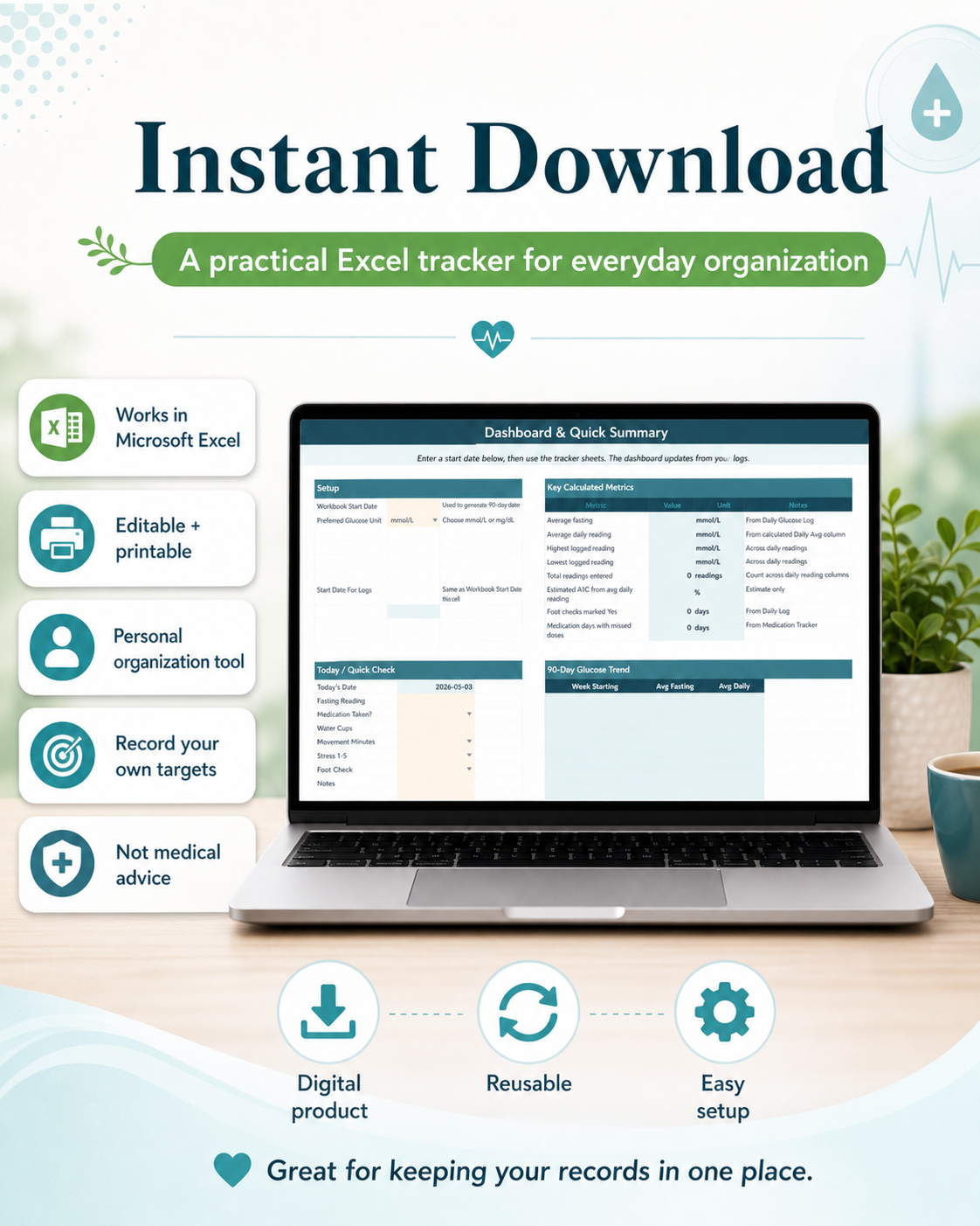 Type 2 Diabetes Planner & Tracker Excel Spreadsheet with A1C Calculator