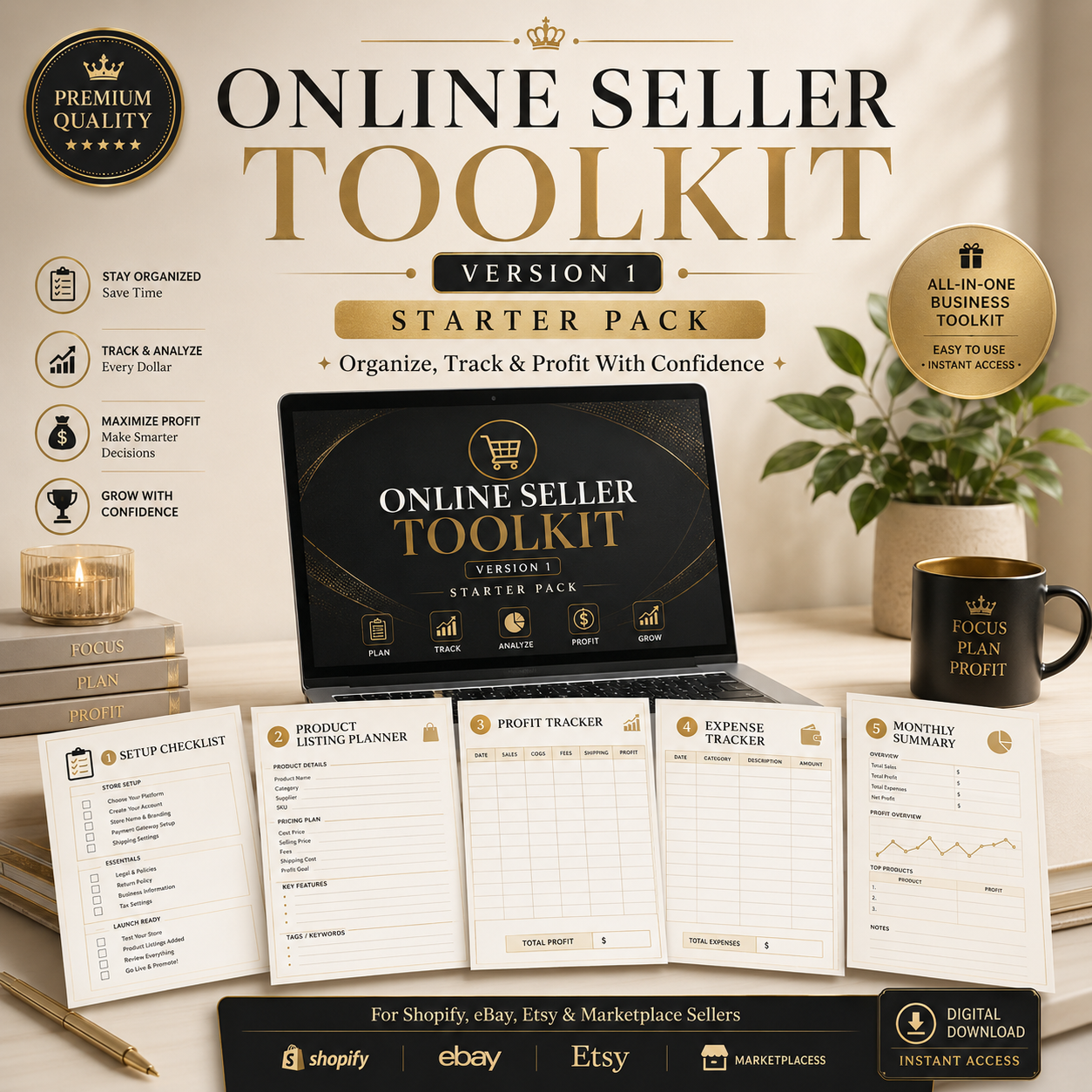Online Seller Toolkit Starter Pack with laptop, documents, and mug on a desk.