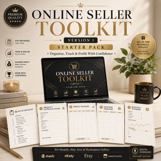 Online Seller Toolkit Starter Pack with laptop, documents, and mug on a desk.