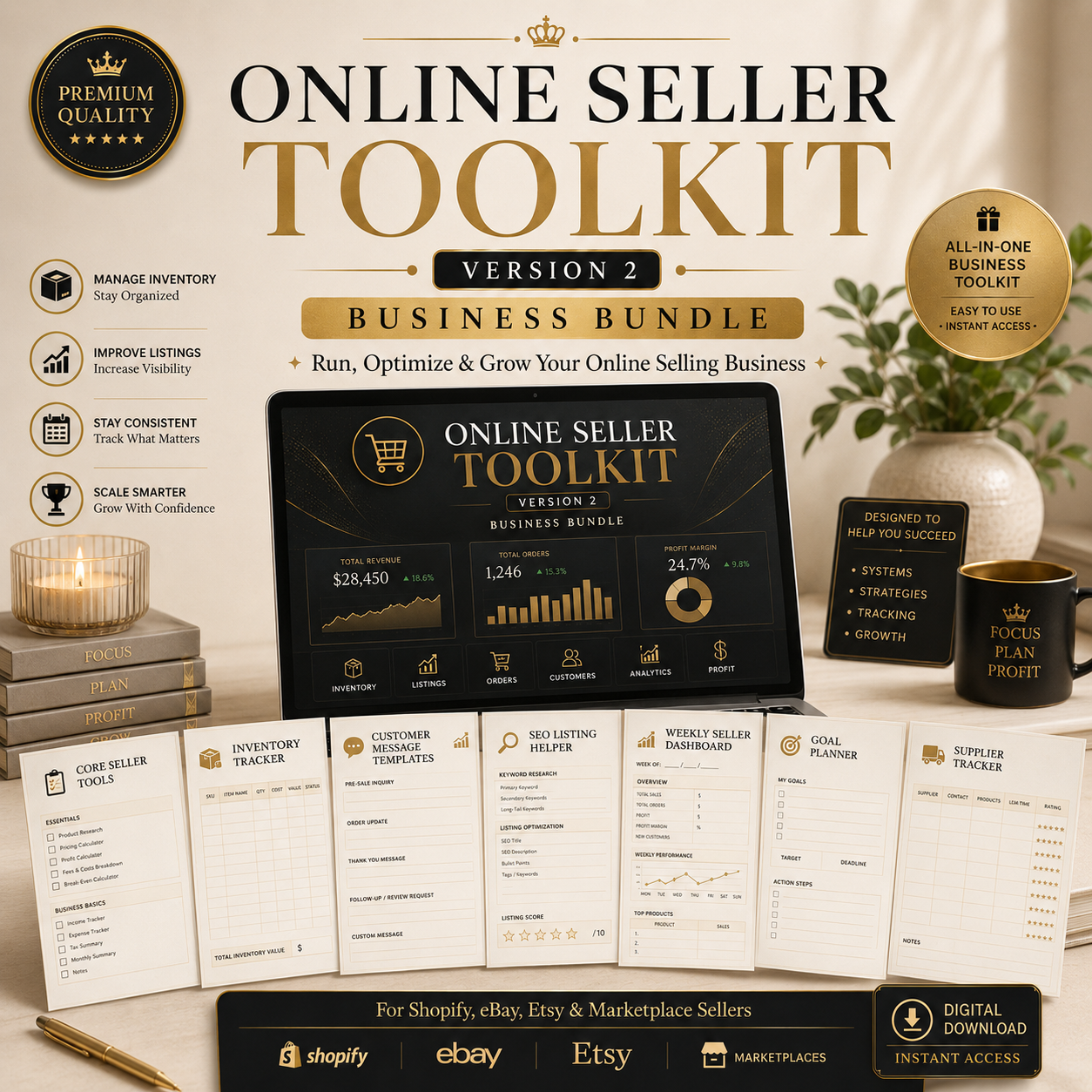 Online Seller Toolkit Version 2 Business Bundle with digital download on a desk setup.