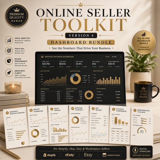 Online seller toolkit dashboard bundle with graphs and charts on a desk setup.