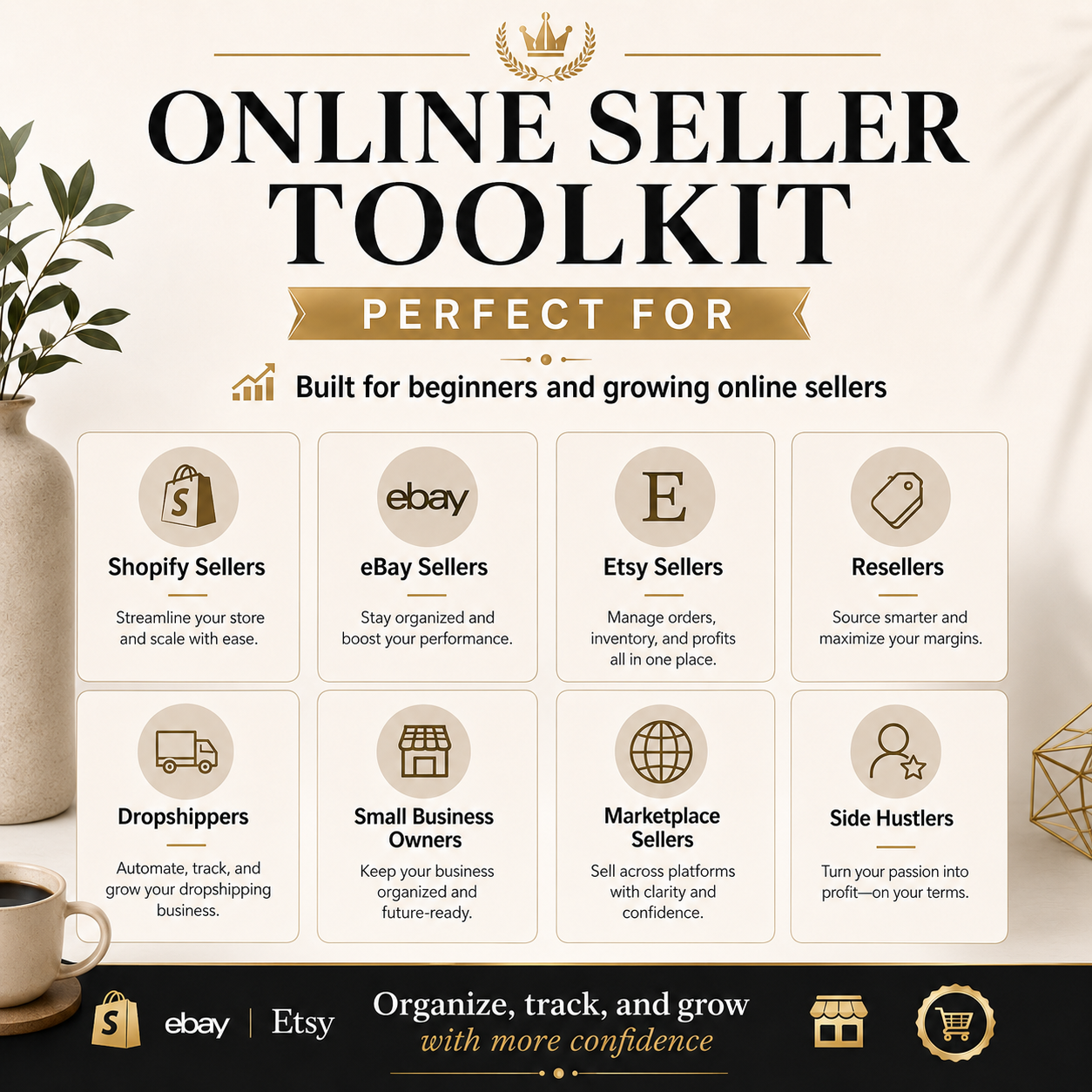 Online Seller Toolkit for various e-commerce platforms with a decorative background.
