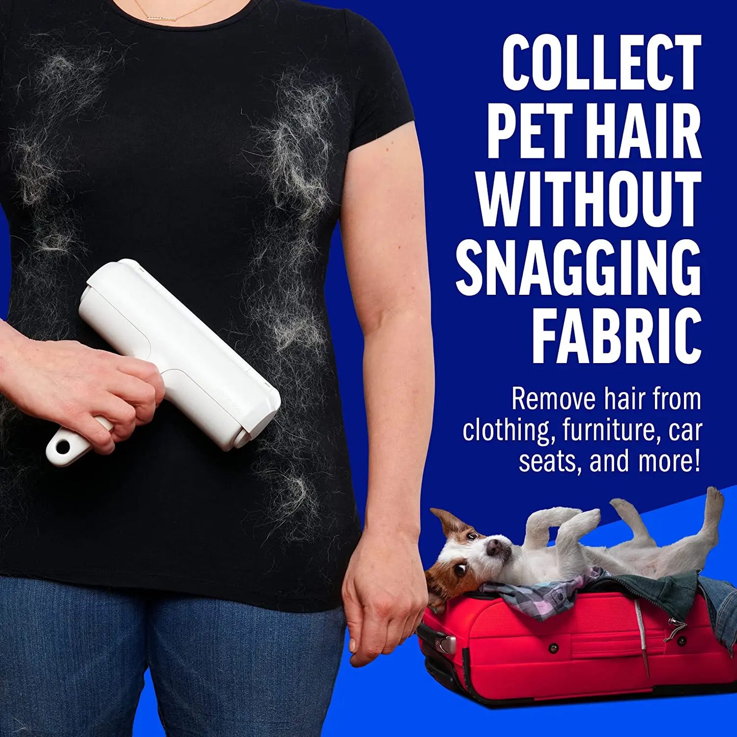 Pet hair remover roller for clothing, blankets, and fabric