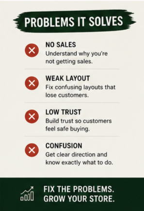Problems solved by the Shopify Store Success Guide, including no sales, weak layout, low customer trust, and confusing store direction.