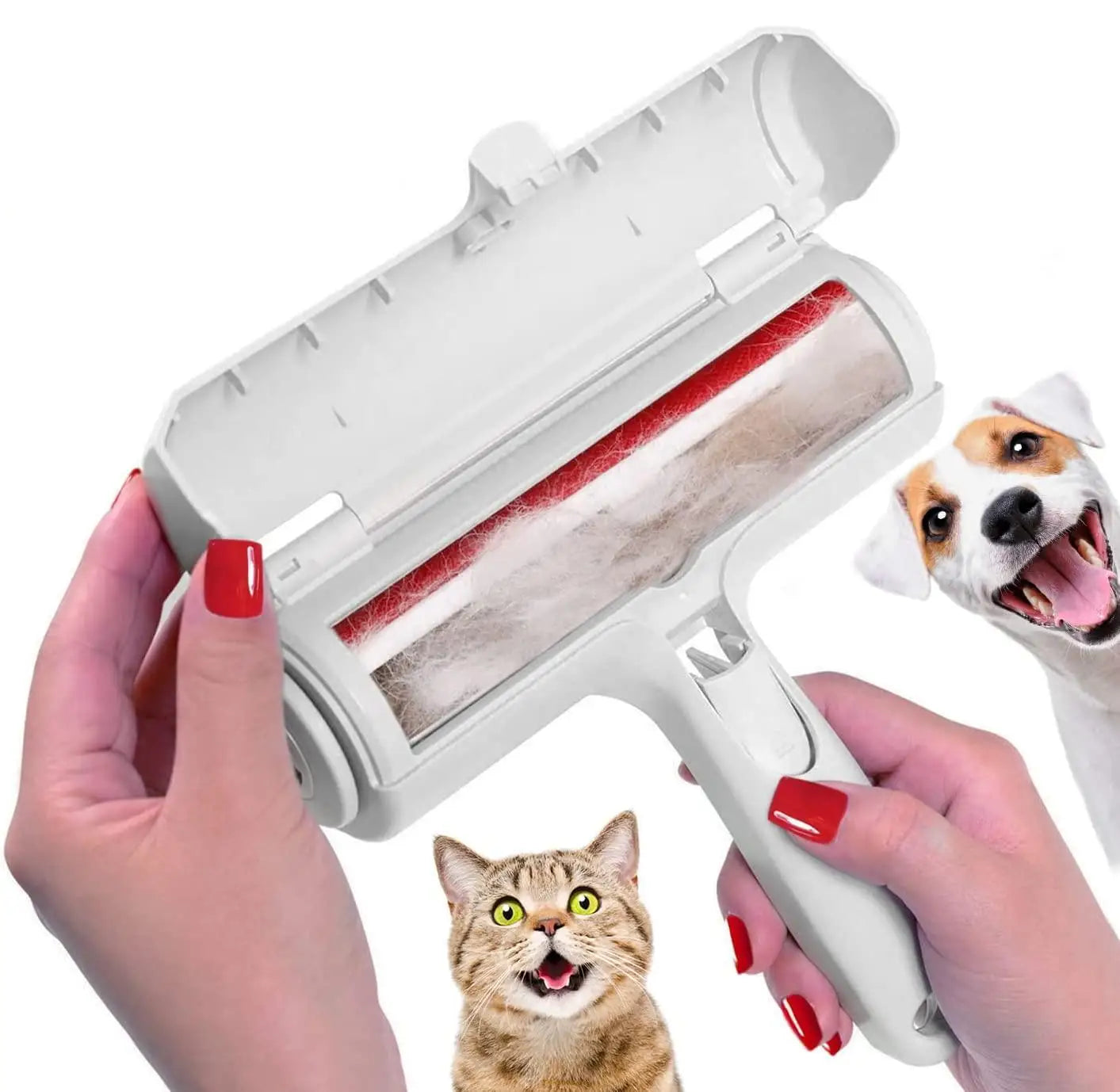 Close-up of pet hair remover roller with self-cleaning base