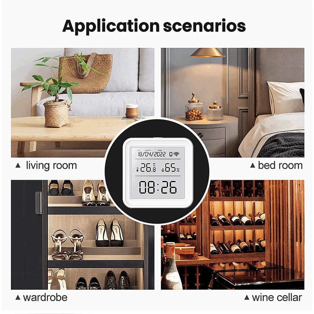 Smart home humidity sensor for bedrooms, nurseries, offices, basements, pet rooms, storage rooms, and greenhouses.
