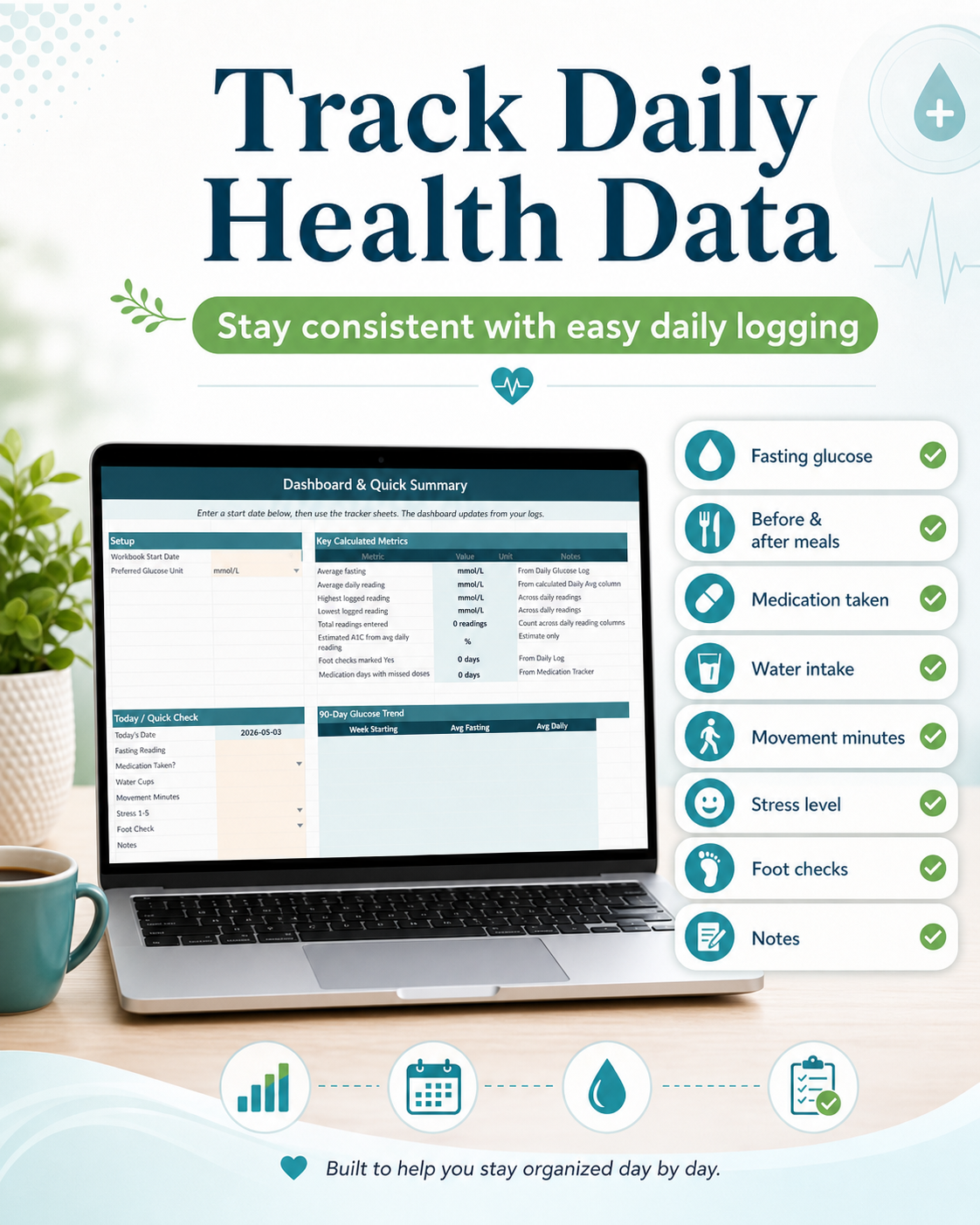 Type 2 Diabetes Planner & Tracker Excel Spreadsheet with A1C Calculator