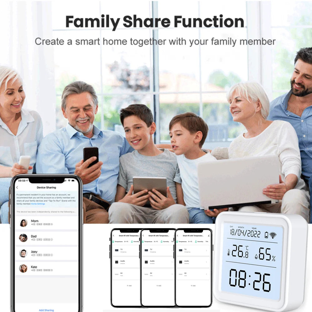 Tuya smart thermometer hygrometer compatible with Alexa and Google Assistant for smart home temperature and humidity monitoring.