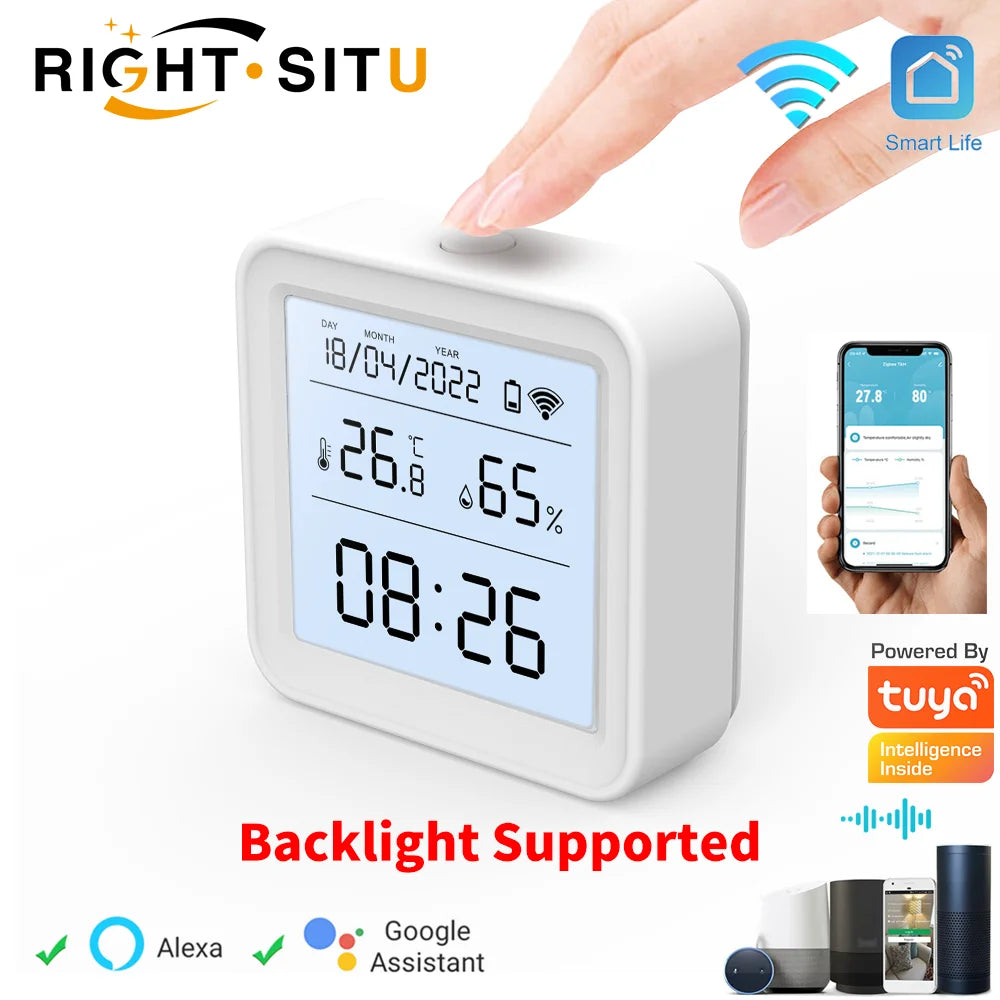 Tuya WiFi temperature and humidity sensor with backlight display for smart home room monitoring, bedrooms, nurseries, offices, and greenhouses.