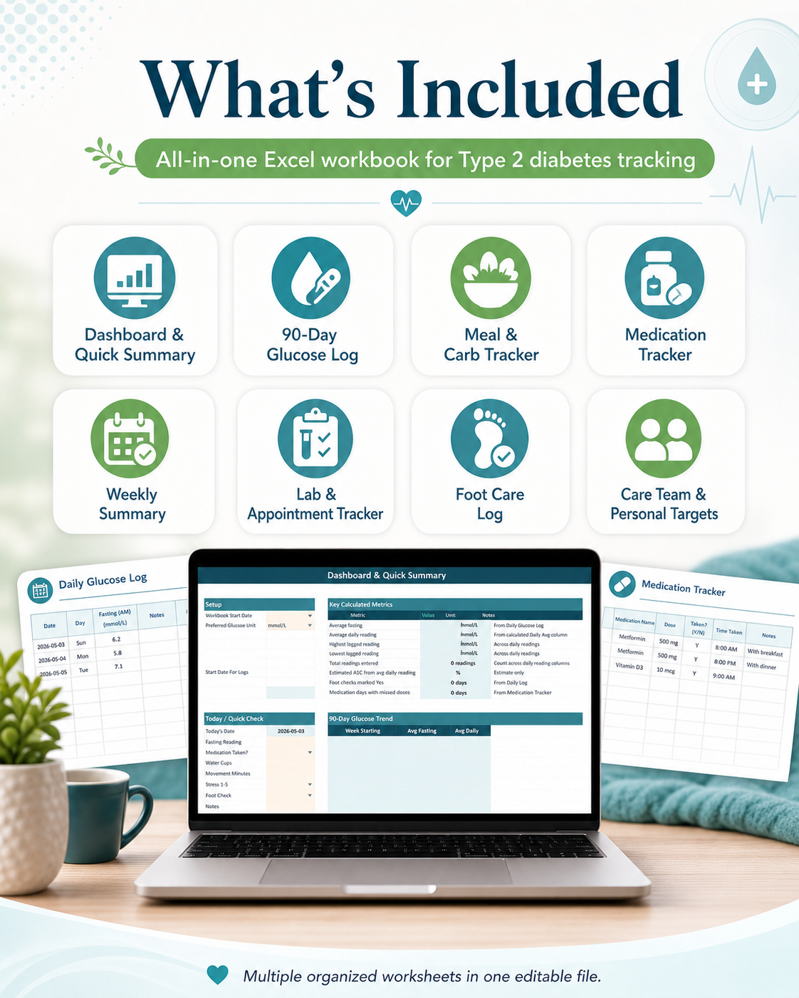 Type 2 Diabetes Planner & Tracker Excel Spreadsheet with A1C Calculator