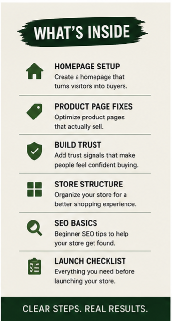 What’s inside the Shopify Store Success Guide, including homepage setup, product page fixes, trust-building tips, store structure, SEO basics, and launch checklist.
