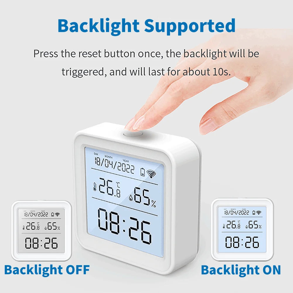 WiFi room temperature and humidity monitor with Tuya and Smart Life app support for indoor room comfort tracking.